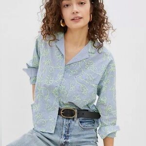 Maeve Clarissa Embroidered Sequined High Low Button Down Top Blue Striped Size 2